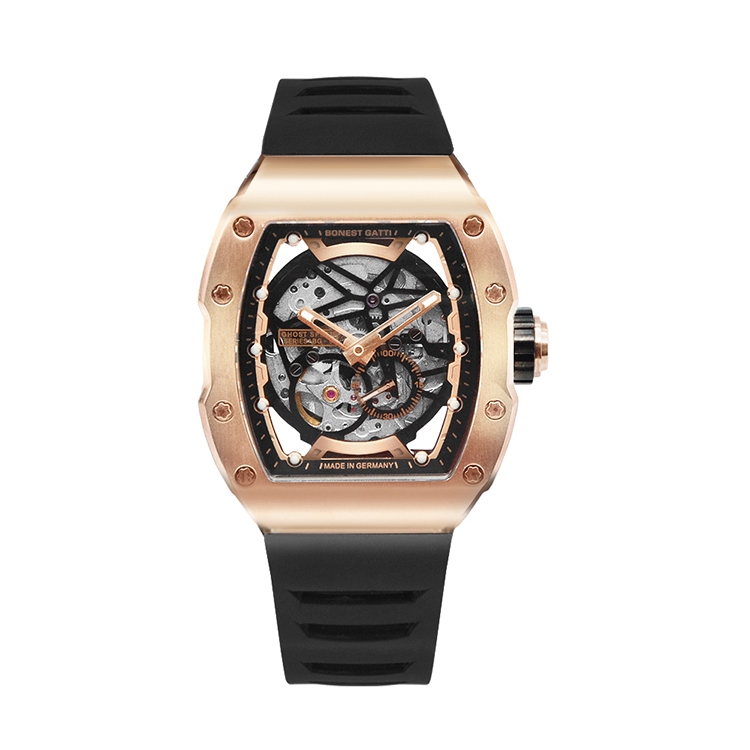 BONEST GATTI | 原廠授權布加迪 玫瑰金框x黑色 方型 黑色橡膠錶帶 自動上鍊機械錶