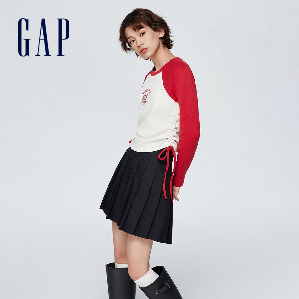 Gap 女裝 Logo圓領長袖T恤 厚磅密織親膚系列-紅白撞色(873874)
