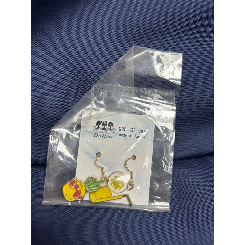 全新7-11韓國製925純銀耳針耳環飾品Dativie鳳梨愛心果汁