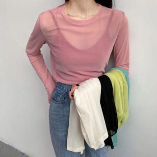 FUXI 薄款長袖防曬上衣女 泫雅風網紗打底衫 冰絲透膚上衣 素色內搭上衣 女裝 衣服【A423】