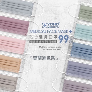 【YOHO 佑合】醫療平面成人口罩 一盒50入 / 莫蘭迪色系 / 經典白邊