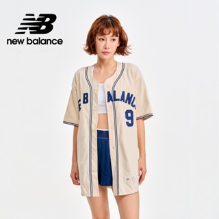 【New Balance】 NB 撞色棒球開襟短袖上衣_男性_杏色_MT41512LIN（女性可穿）