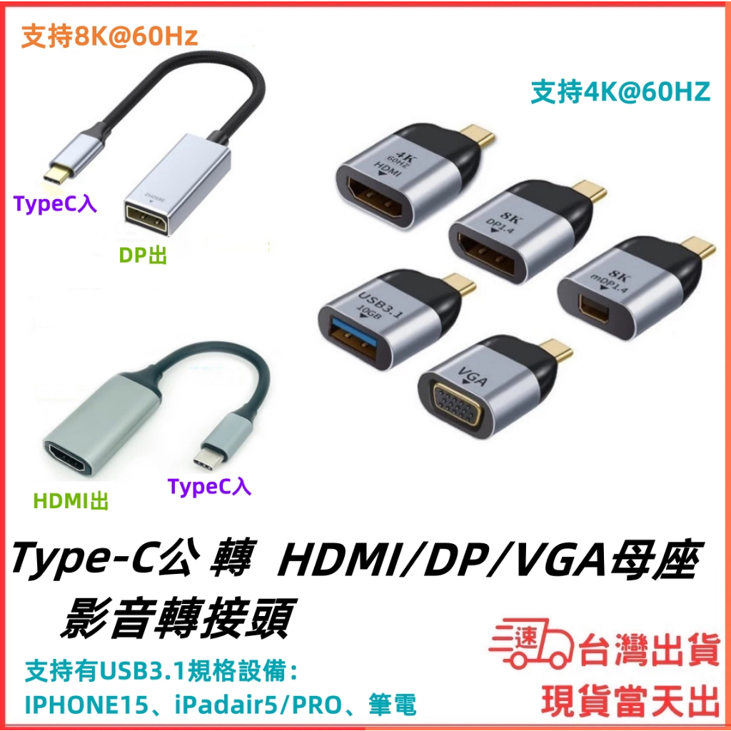 台灣現貨當日出 Type-C輸入 to HDMI DP VGA MD輸出 高清 轉接頭 8K 4K 1080p 影音轉接
