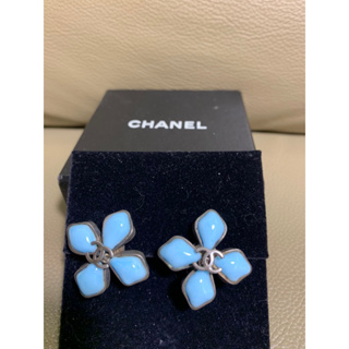 Chanel vintage 耳夾式藍色四葉草寶石耳環