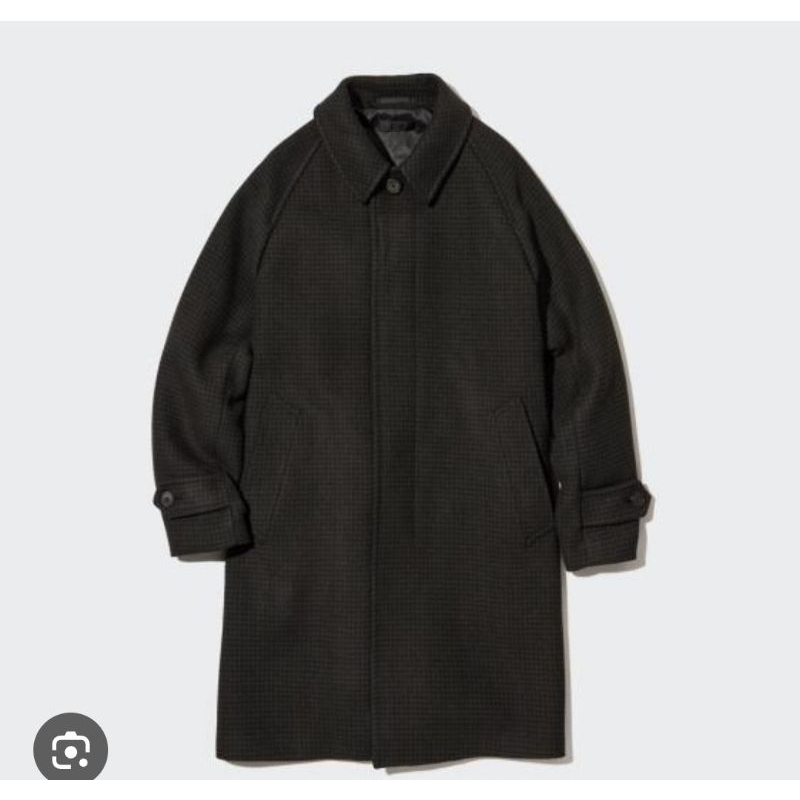 uniqlo 449730 原價2990$ 男裝 翻領 長版 格紋 藍黑色 巴馬肯 大衣 外套 S