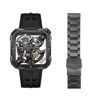 BONEST GATTI 布加迪 黑框鏤空 氟橡膠錶帶錶帶 懸浮式設計機芯 方形機械手錶 贈不鏽鋼錶帶