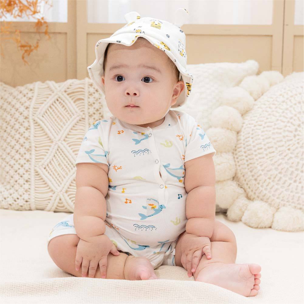 台灣製有機竹纖維短袖連身衣(Baby Shark)｜嬰兒服 涼爽透氣 純棉親膚 排汗