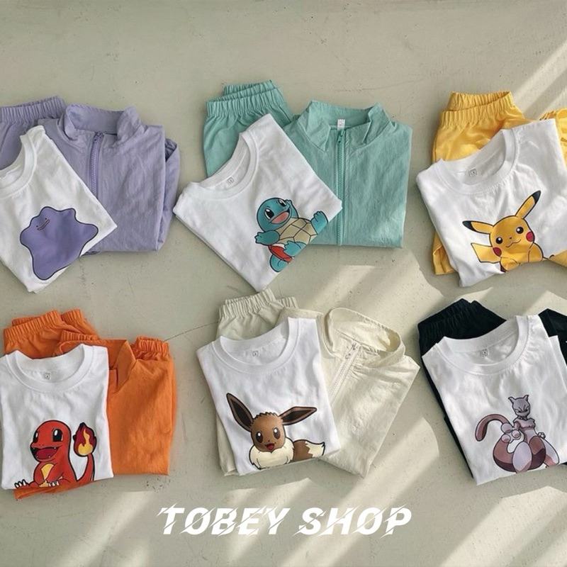 托比店鋪🐧2024 夏季 兒童寶可夢短袖套裝+防風外套 三件組 6款☁️☁️（外套+T恤+褲子）