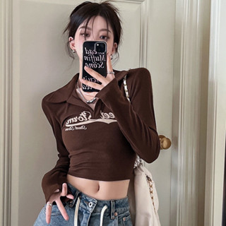【揪思快出】美式復古立領短版上衣 美拉德 咖啡色短版上衣 黑色短版上衣 顯瘦 長袖短版 V領 辣妹 露腰上衣 性感上衣
