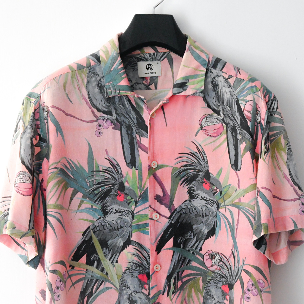 【舊品出清】Paul Smith 粉紅鸚鵡塗鴉 棉麻短袖 開襟襯衫 SIZE L