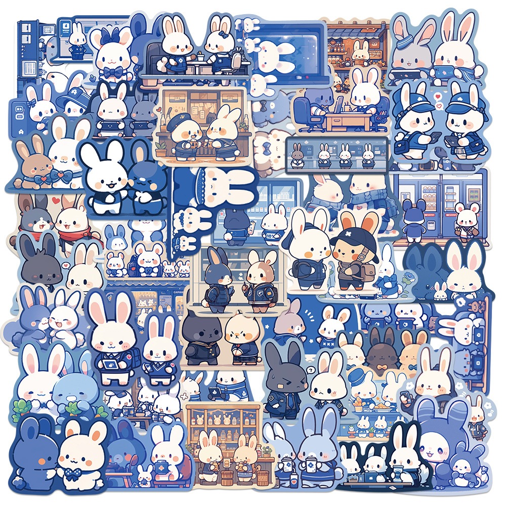 動漫貼紙 🔥新款🔥可愛藍色小兔子日常生活貼紙(50張隨機)(10張隨機) 旅行箱貼紙 機車貼紙 筆電貼紙 安全帽貼紙