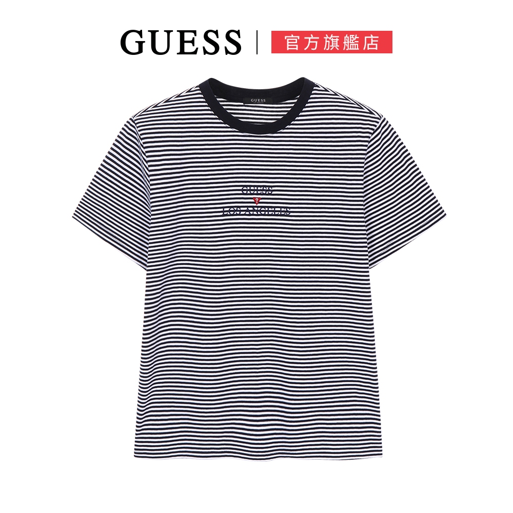 【GUESS】男女同款-純棉條紋短T-兩色任選