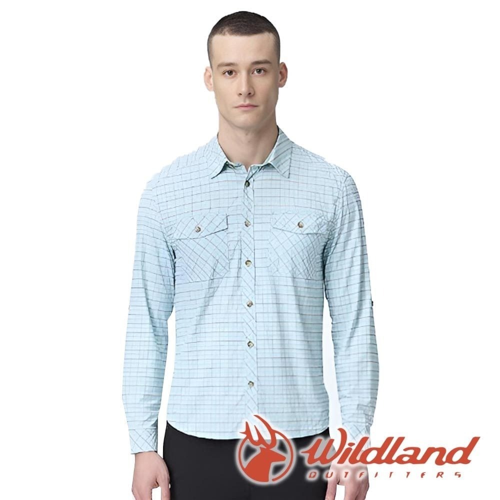 【wildland 荒野】男彈性抗UV格紋長袖功能襯衫『冰河藍』0B21202