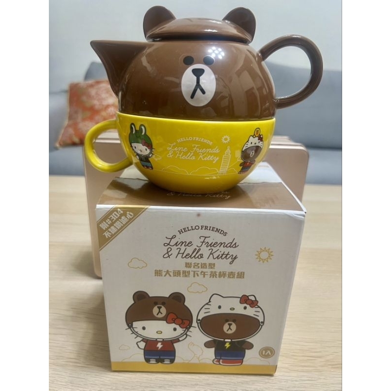 杯壺 7-11 LINE FRIENDS&amp;Hello Kitty聯名造型 熊大頭型下午茶杯壺組