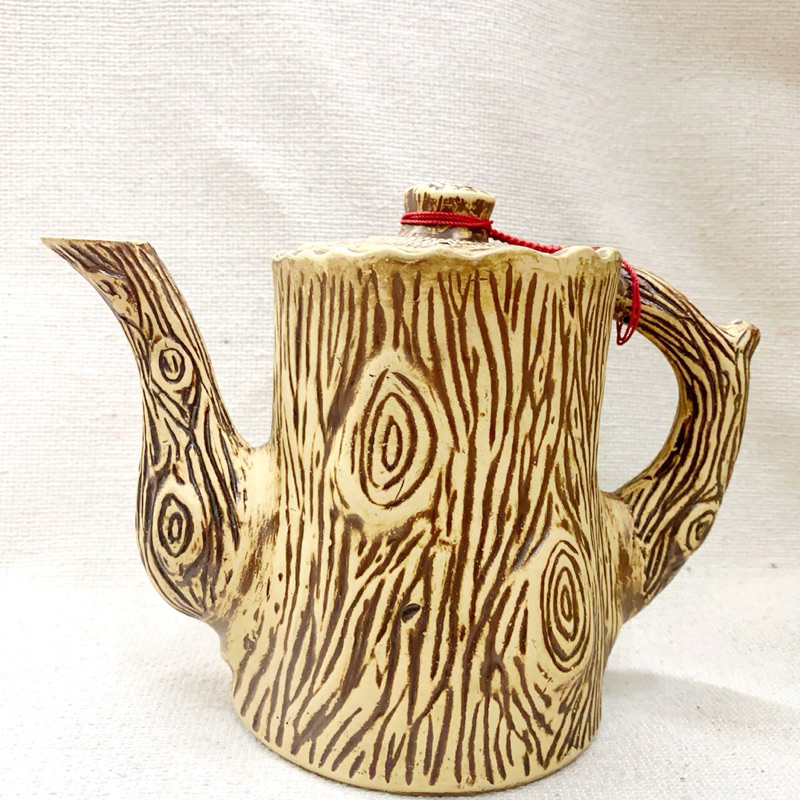 (現貨)早期 復古仿木紋雕刻陶瓷茶壺 下午茶具 瓷器 居家擺飾 桌上擺件 木頭造型 收藏品 手工陶土燒製茶壺