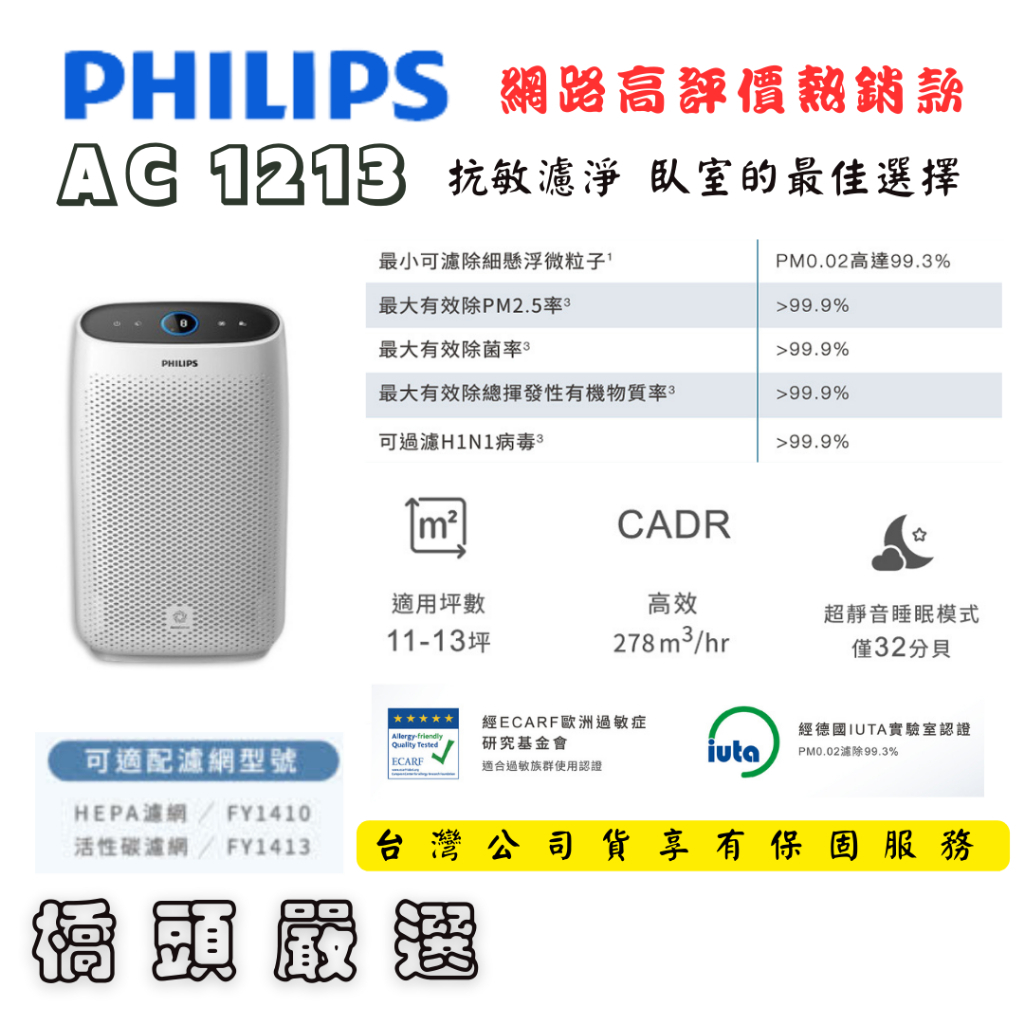 [橋頭代購] Philips 飛利浦台灣公司貨 空氣清淨機 AC1213 (內附濾網) 適用於約8~12坪 全新公司貨
