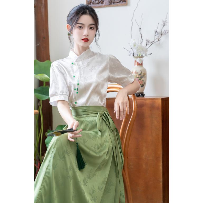M-4XL綠色馬面裙改良大尺碼 中國風服飾 漢服女改良 短袖白色上衣 顯瘦收腰 半身長裙 漢元素日常 古風衣服 古裝漢服