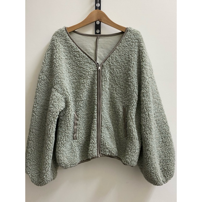 日本品牌綠色羊羔毛長袖顯瘦澎澎袖外套夾克大衣