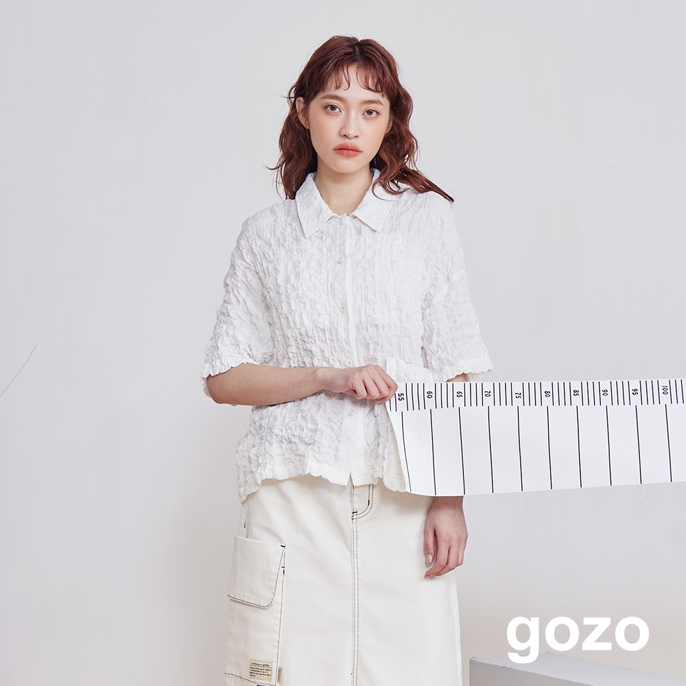 【gozo】立體皺皺織紋口袋襯衫(白色/深藍_F) | 女裝 襯衫領 休閒