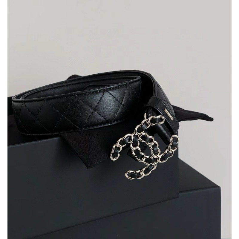 【𝐂𝐚𝐬𝐞𝐬】Chanel｜香奈兒 菱格雙C Logo 黑銀皮穿腰帶 皮帶 歐洲代購 精品代購 香奈兒代購