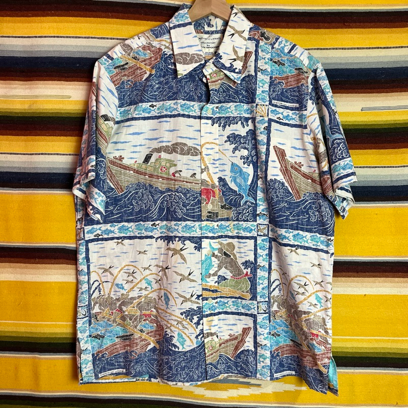 古著•Nuzi_s • 夏威夷製版畫印花襯衫 夏威夷襯衫、花襯衫 S4031950魚襯衫