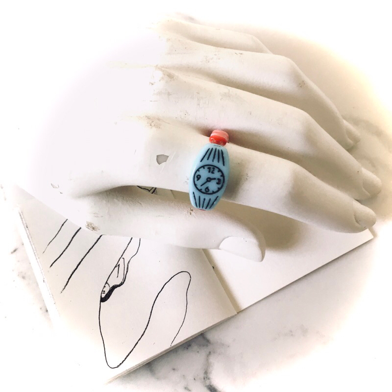 啥東東SA DON DON復古vintage古董南德捷克50年代藍色錶頭紅白鍊玻璃串珠珠寶玻璃錶手錶戒指