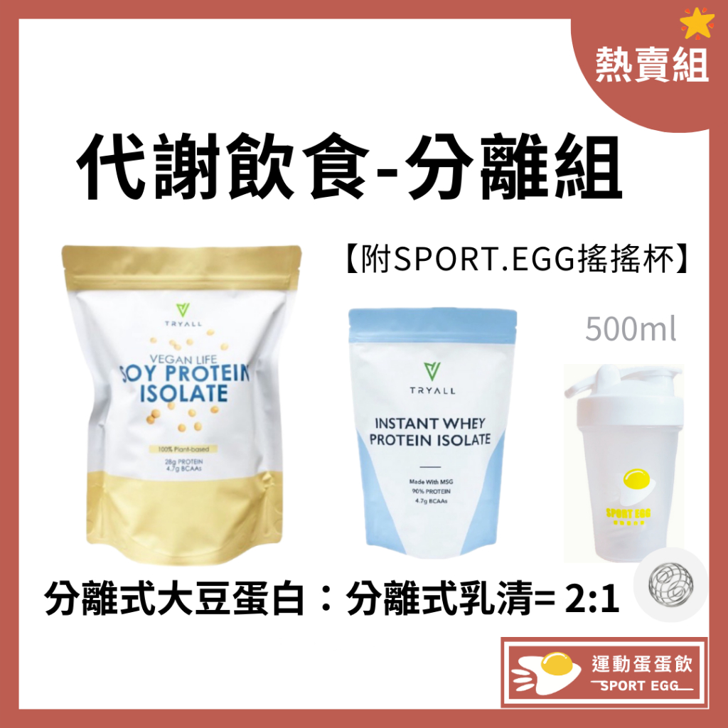 🚀附贈 500ml經典搖搖杯 Tryall 代謝飲食組 寄出🔜【新手超值組】分離式大豆蛋白1kg+無添加分離乳清500g