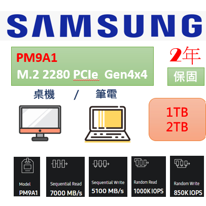 三星 Samsung SSD內接固態硬碟 PM9A1 1/2TB M.2 2280 PCIe NVMe Gen4x4