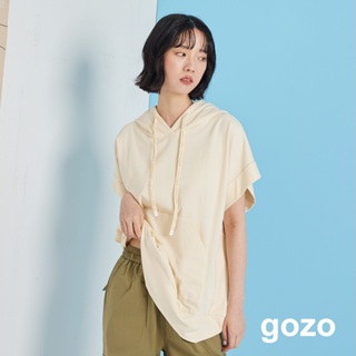 【gozo】➤標語抽繩口袋連帽上衣(米白/淺綠_F) | 女裝 圓領 休閒