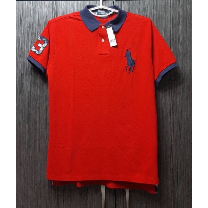 全新正品POLO RALPH LAUREN 大馬 3號 男紅色透氣網眼布短袖POLO衫L