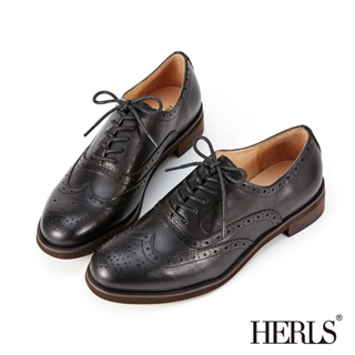 [HERLS 樣品鞋]全真皮雕花圓頭粗跟牛津鞋-黑色 36號 原價3780