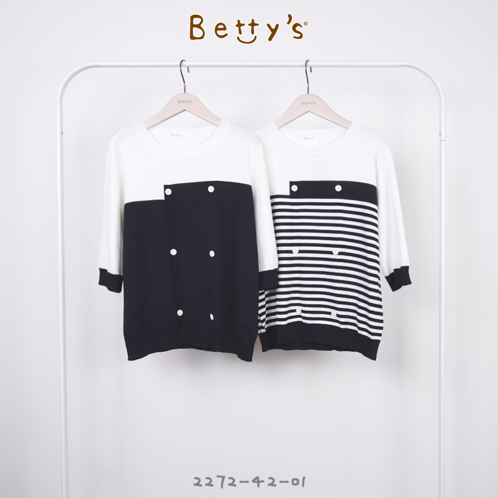 betty’s貝蒂思(25)圓領撞色五分袖針織上衣(黑色)