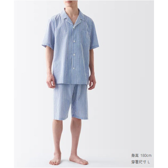 MUJI 無印良品 男 無側縫 泡泡紗 短袖 家居睡衣