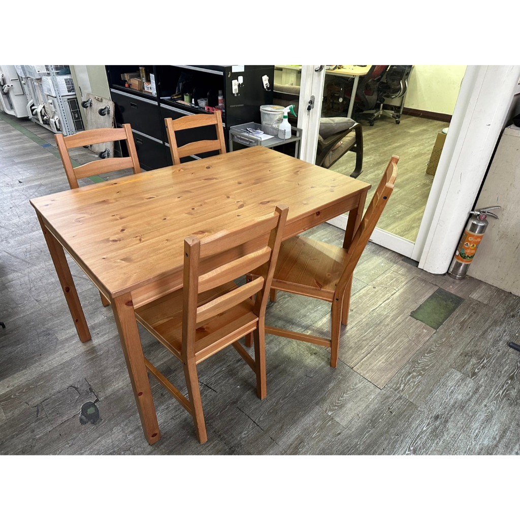 吉田二手傢俱❤IKEA松木餐桌椅組 松木 實木 餐桌 餐桌椅 咖啡桌  咖啡椅 仿古染色 1桌4