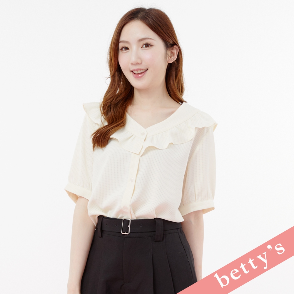 betty’s貝蒂思(31)格紋V領荷葉邊開襟泡泡袖襯衫(米白色)