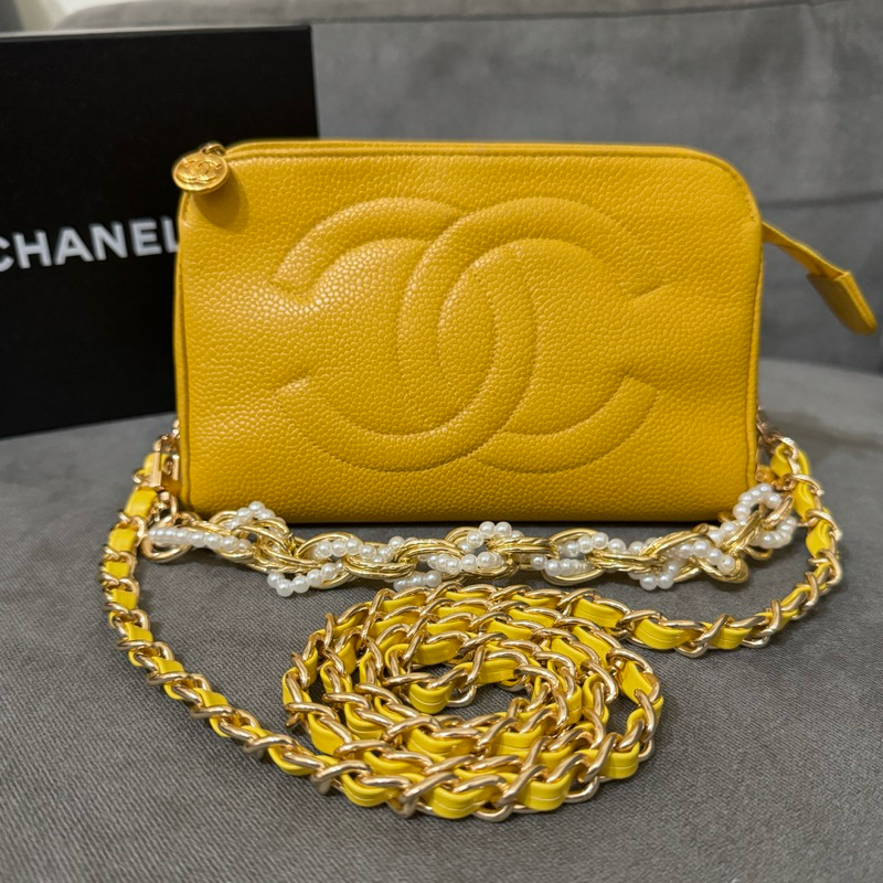 暫售 現貨 馬卡龍老香 香奈兒Chanel vintage 大logo 檸檬黃 魚子醬荔枝牛皮 金釦 手拿鏈條斜背包