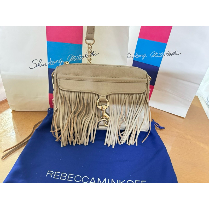 🔆 全新Rebecca Minkoff MINI MAC 金鍊流蘇手拿斜背肩背包-白色金鍊