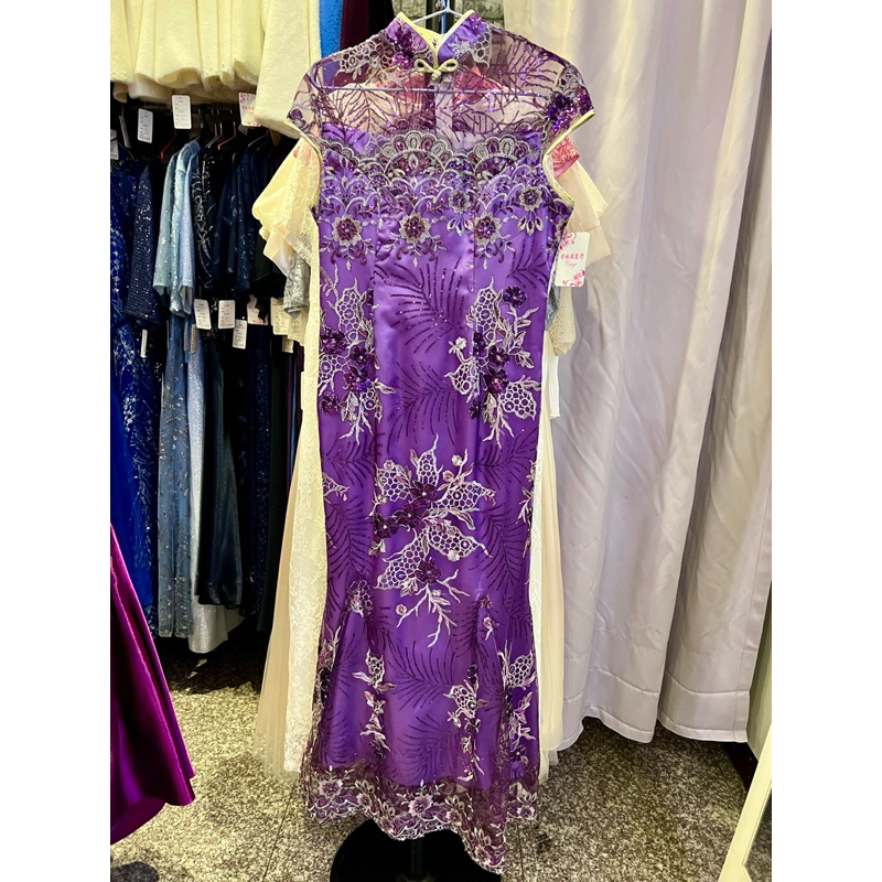 媽媽禮服 旗袍魚尾 紫色高檔蕾絲刺繡亮片 貴氣十足 尺碼L