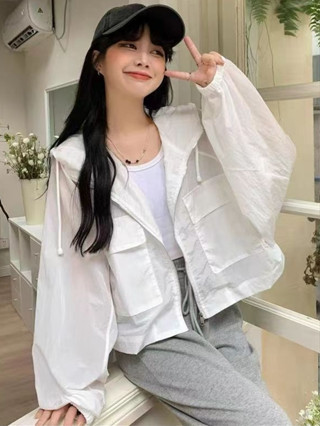 夏天外套 寬松薄款長袖防曬衣女 戶外防紫外線短防曬外套 透氣連帽防曬衣 INS短板防曬透膚上衣 防曬襯衫 涼感外套女