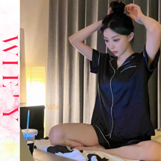 🌸WIE' Y🌸 「兩件式家居服」韓國家居服 大尺碼睡衣女 夏季薄款冰絲短袖居家服 襯衫睡衣 睡衣套裝 夏天睡衣