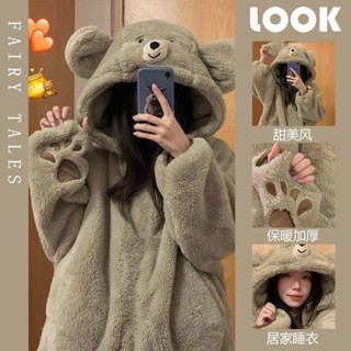可愛熊寶睡衣女珊瑚絨連帽法蘭絨加厚冬款居家服卡通睡衣（二手）
