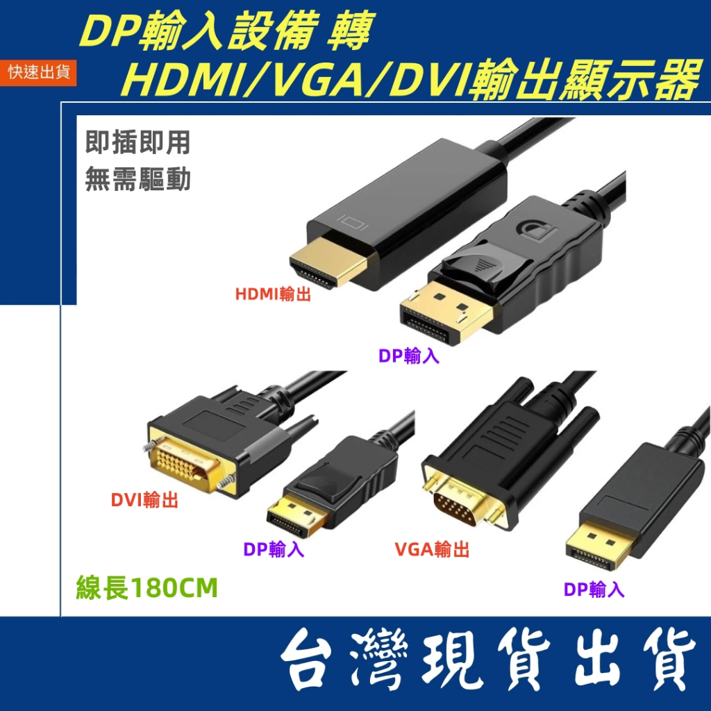 台灣賣家 DP輸入設備 轉 HDMI VGA DVI 輸出顯示器 單向影音線  1.8M DP影音線 筆電 手機 桌機