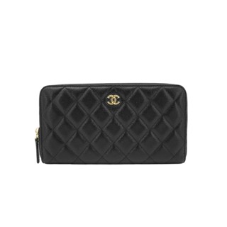 Chanel 金雙C logo羊皮菱格紋拉鍊長夾(AP0242-黑)