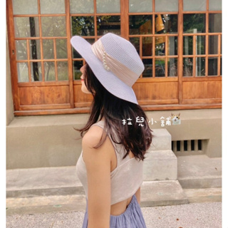 「拉兒小舖」台灣出貨- 法式優雅 度假風 平頂式 氣質 編織 珍珠三折緞帶草帽 仙女帽