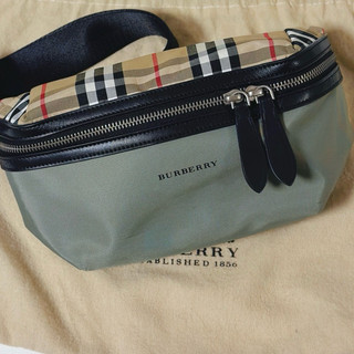BURBERRY 經典sonny系列格紋帆布皮革飾邊腰包/斜背包 情侶包(中-黑、灰綠)