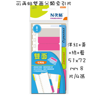 【阿筆文具】鶴屋 #66547 可再貼雙面分類索引片 洋紅+黃+綠+藍 51x72mm 8片/4張 便利貼