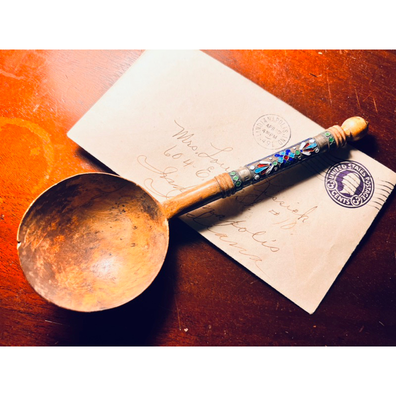 【梅根甜甜歐洲古物】1890年蘇聯純銀琺瑯古董手工木勺 *現貨在台*手工雕刻#百年#裝飾藝術#實用餐具#特別少見#俄羅斯