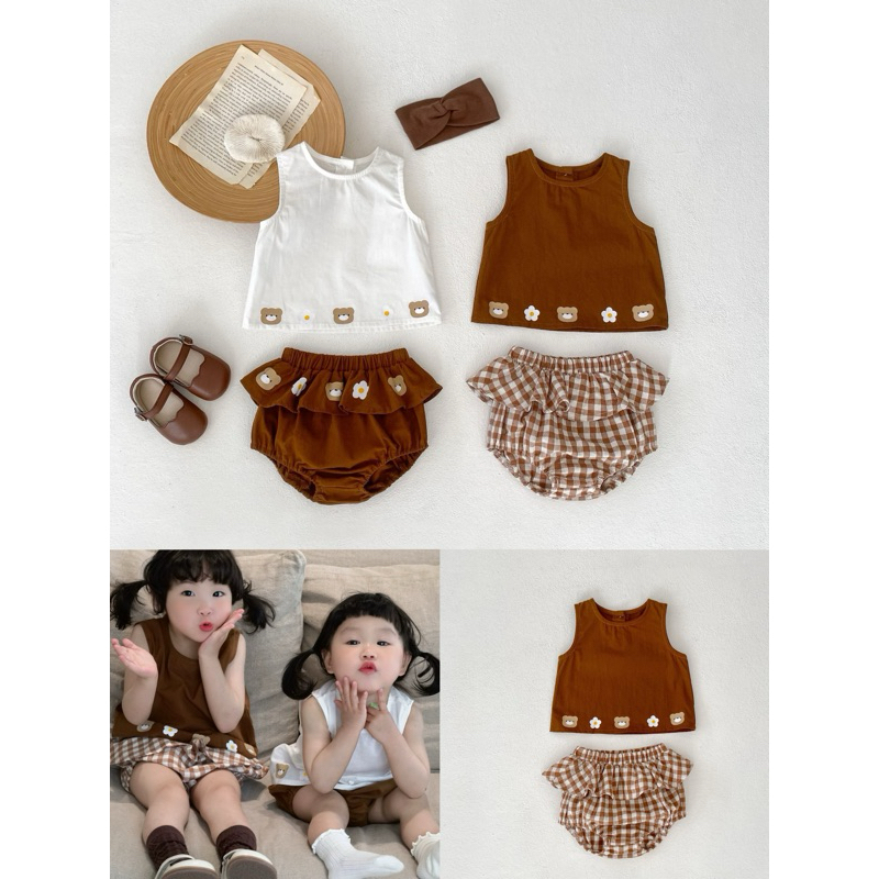 【四口甜】台灣現貨夏季新款 女寶寶 66-100嬰幼兒小熊花套裝雙胞胎姐妹服