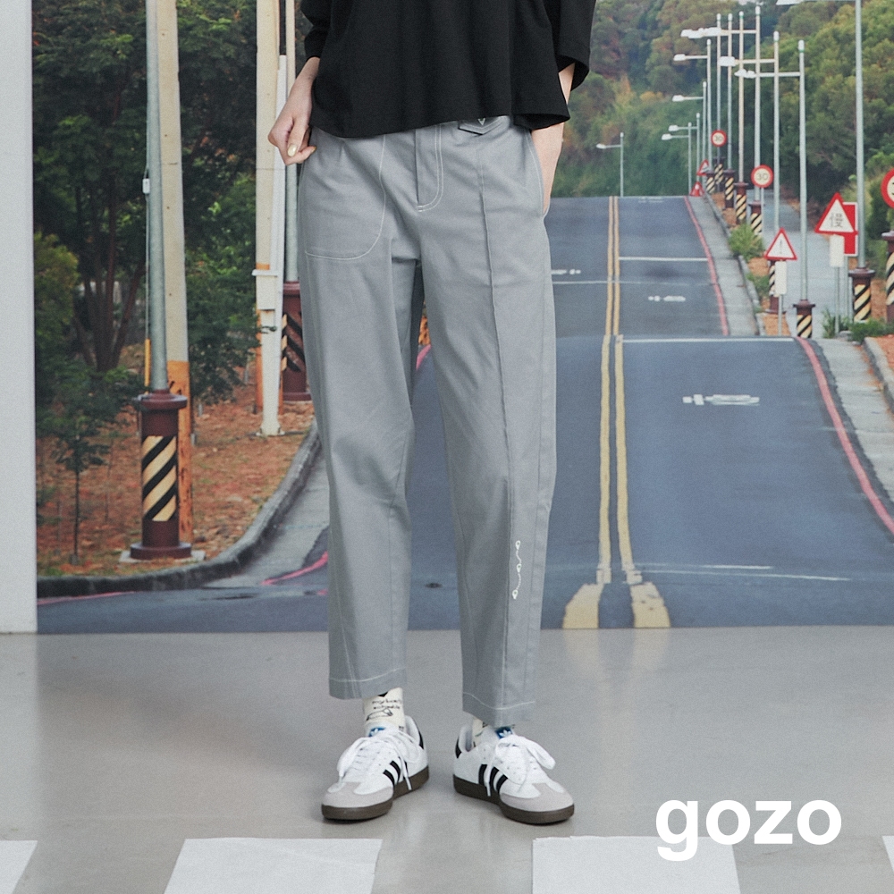 【gozo】定位g小繡花剪接造型男友褲(灰色/深藍_M/L) | 女裝 修身 休閒