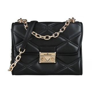 MK MICHAEL KORS SERENA金屬壓印LOGO菱格紋縫線設計牛皮鍊帶釦式肩背斜揹包(小/黑)
